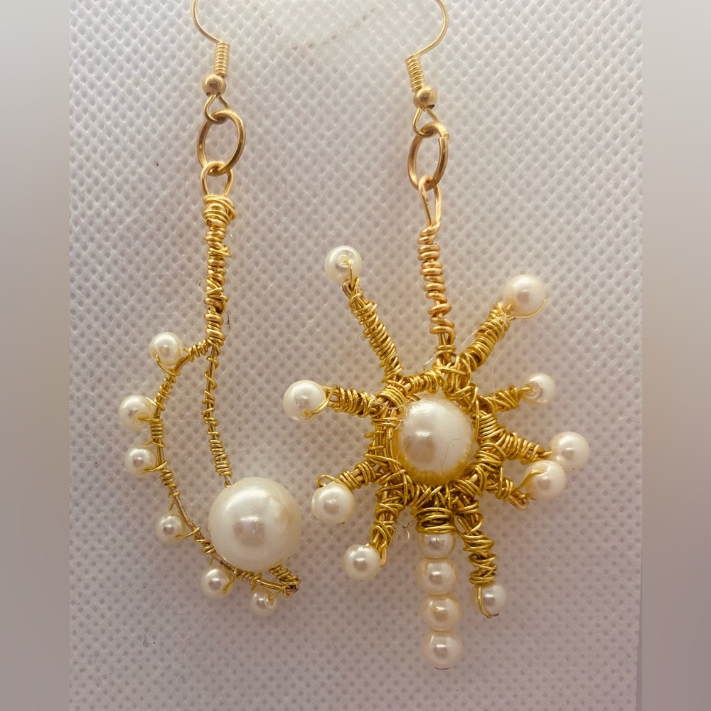 Moon & Sun Gold Wire & faux Pearls Hand Wrapped Earrings